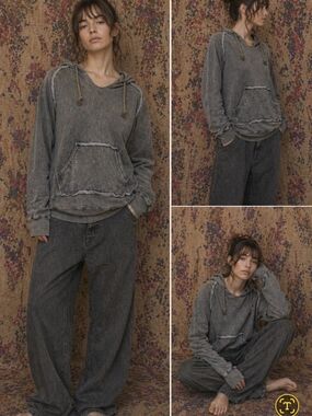 Tatto Tatt by Free Spirit Washed Charcoal Hoodie | Distressed Raw Hem Pull | XL